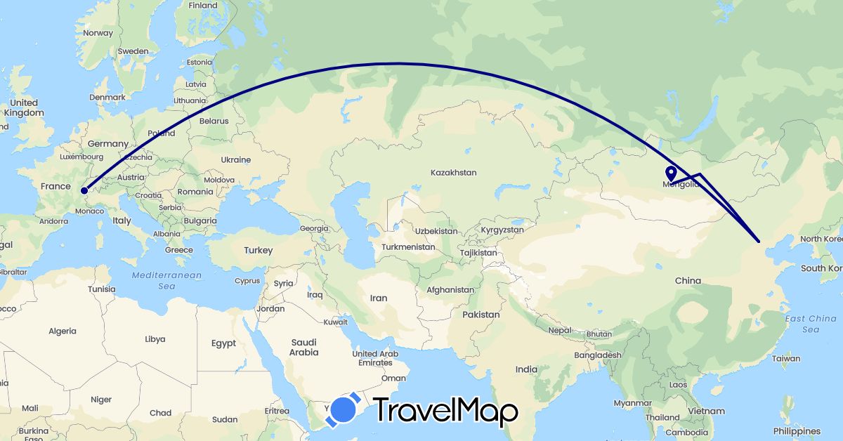 TravelMap itinerary: driving in China, France, Mongolia (Asia, Europe)